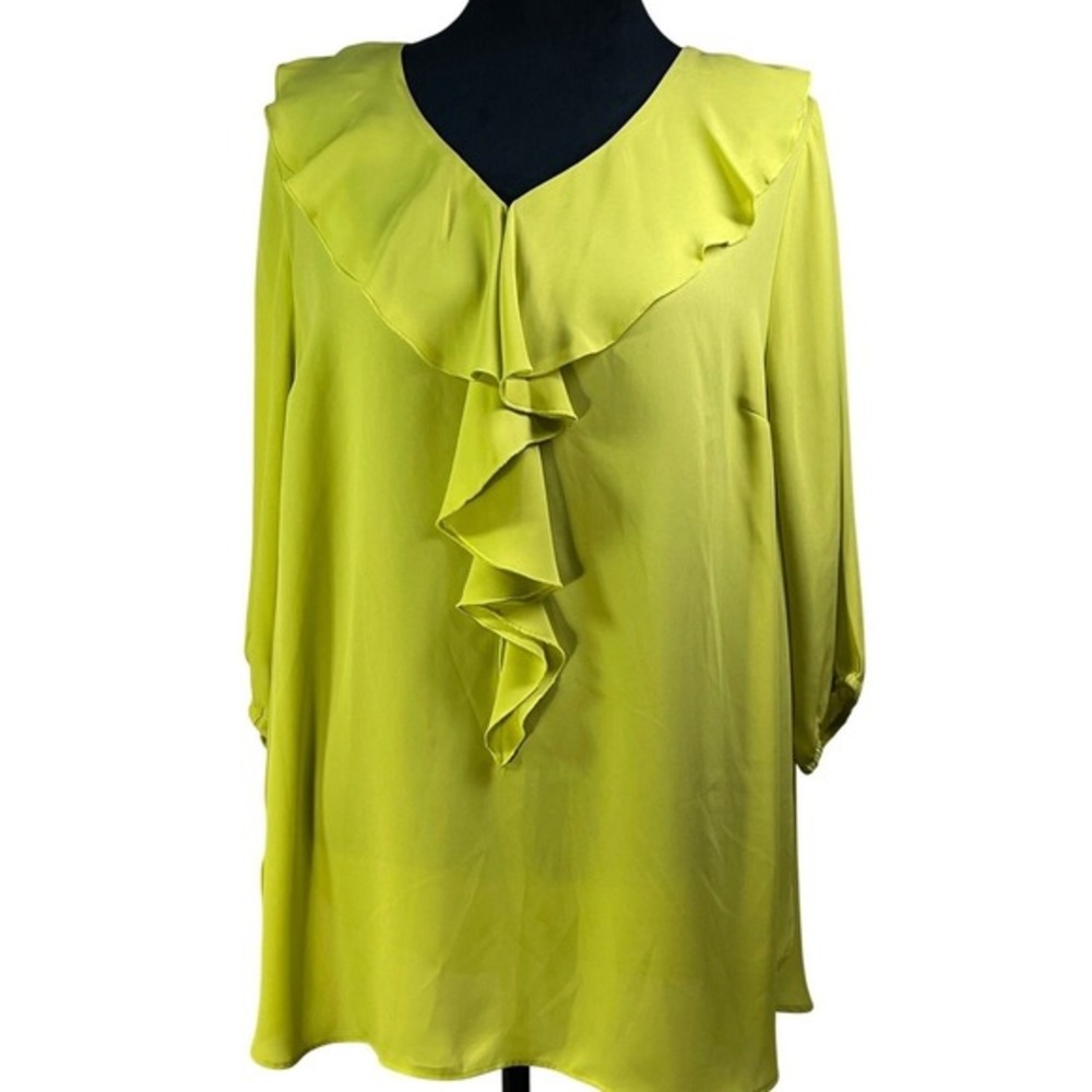 Catherines Lime Green‎ Ruffle V-Neck Blouse 0XWP 14/16WP 3/4 Sleeve Top